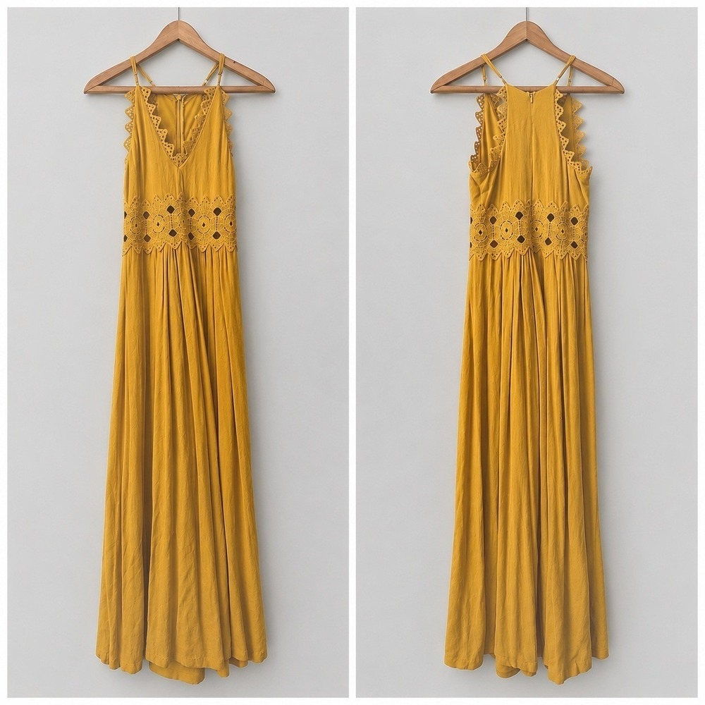 Lulus This Is Love Mustard‎ Yellow Lace Halter Maxi Dress Size XS Wedding Guest